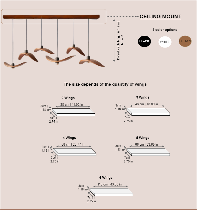 Infographic detailing wing type dimensions and color options for bird pendant lights