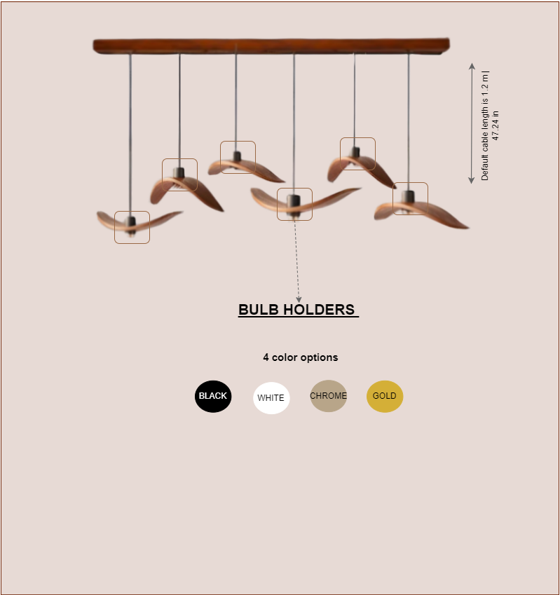 Infographic detailing wing type dimensions and color options for bird pendant lights