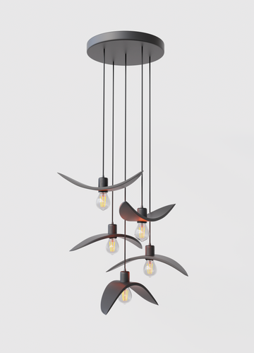 Sculptural 5-light cluster pendant light in brown resembling birds in flight