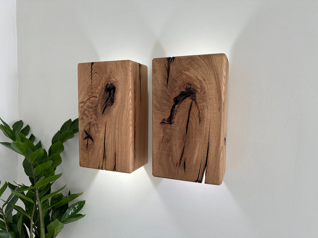 Modern rustic oak wood wall lights casting up and down light