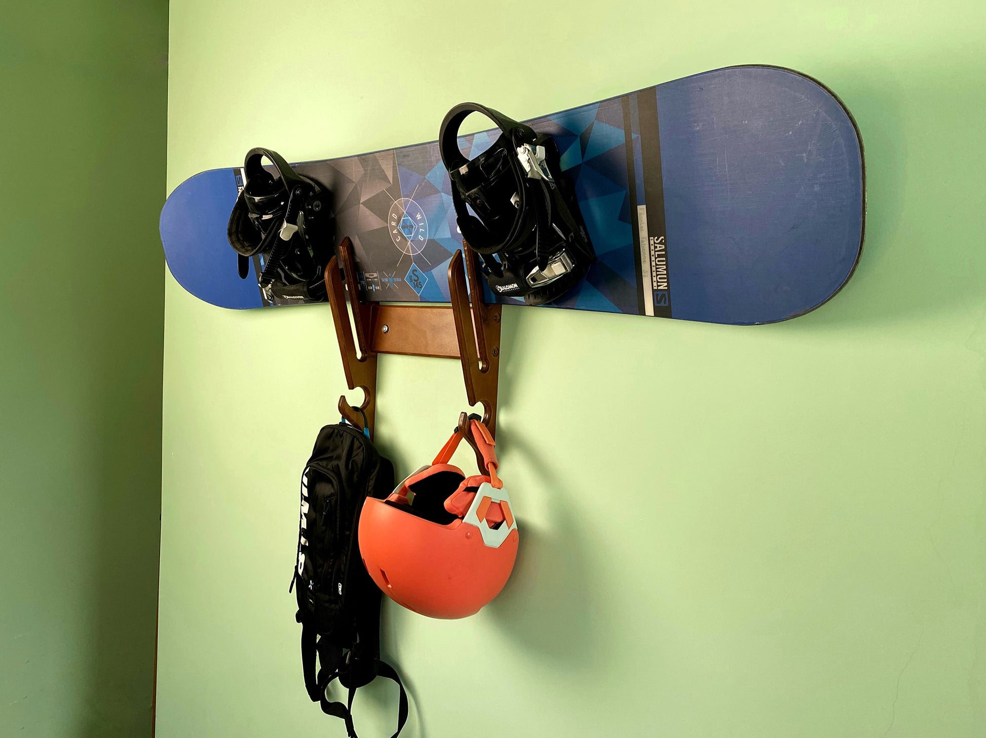 Wood snowboard surfboard ski wall mount, medal display, snowboard gift, man cave, snowboard hanger, balance board rack, snowboard hooks