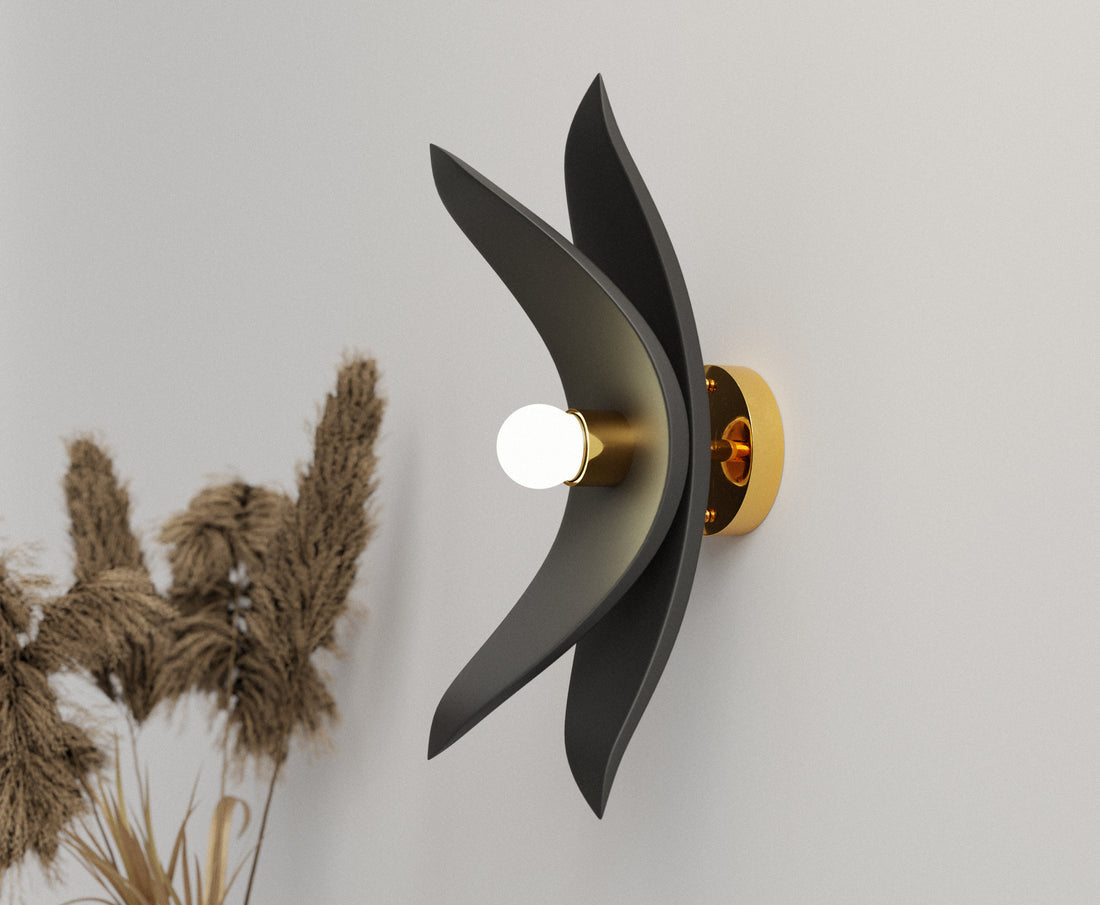 Plug in wall sconce brushed nickel, wood wall sconce, balck wall flower lamp, cool bedside lamp, lampshade, living room decor, gold fixture