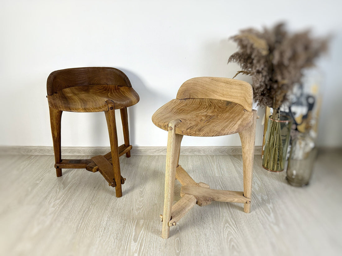 Handmade wood oak bar stool, three legged stool, chair seat, bar chair with back, dining chair, reclaimed wood, milking stool, height 45 cm