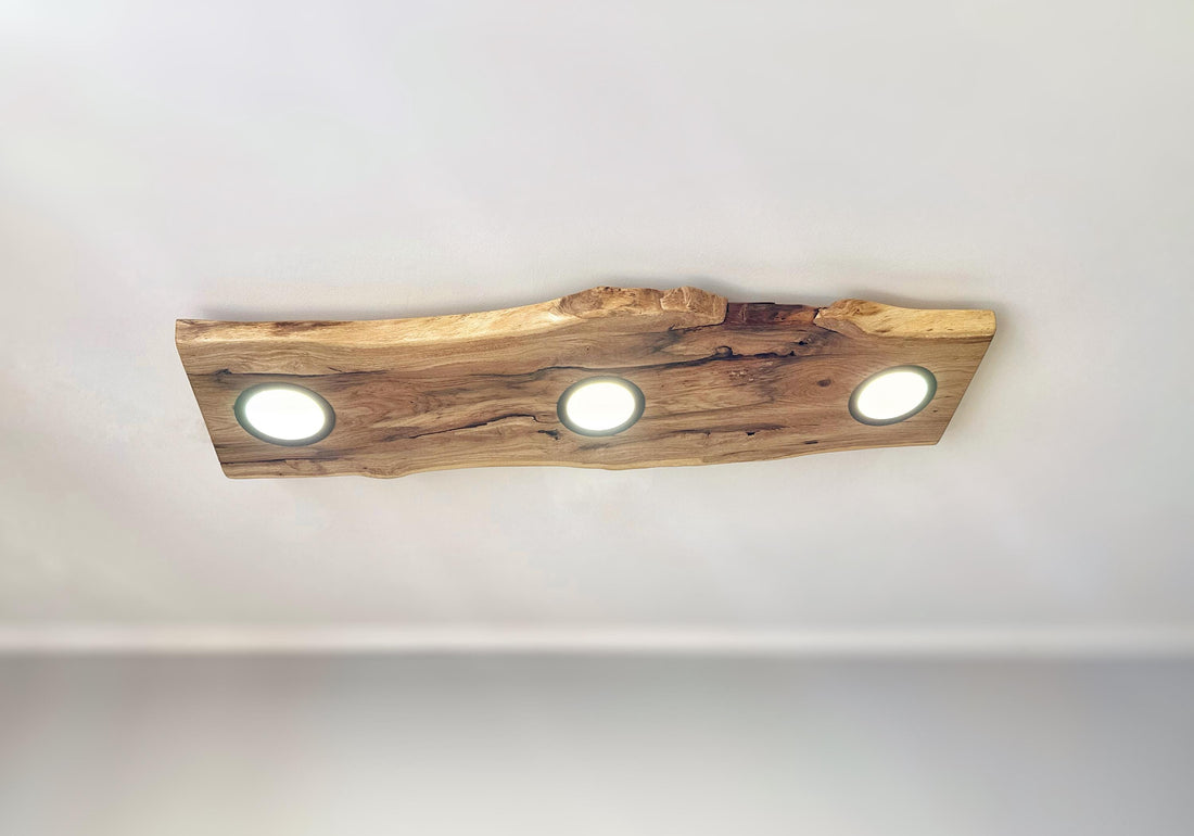 Handmade wood ceiling lamp, flushmount ceiling light fixture, wooden base midcentury pendant lighting, floating liveedge oak wood chandelier