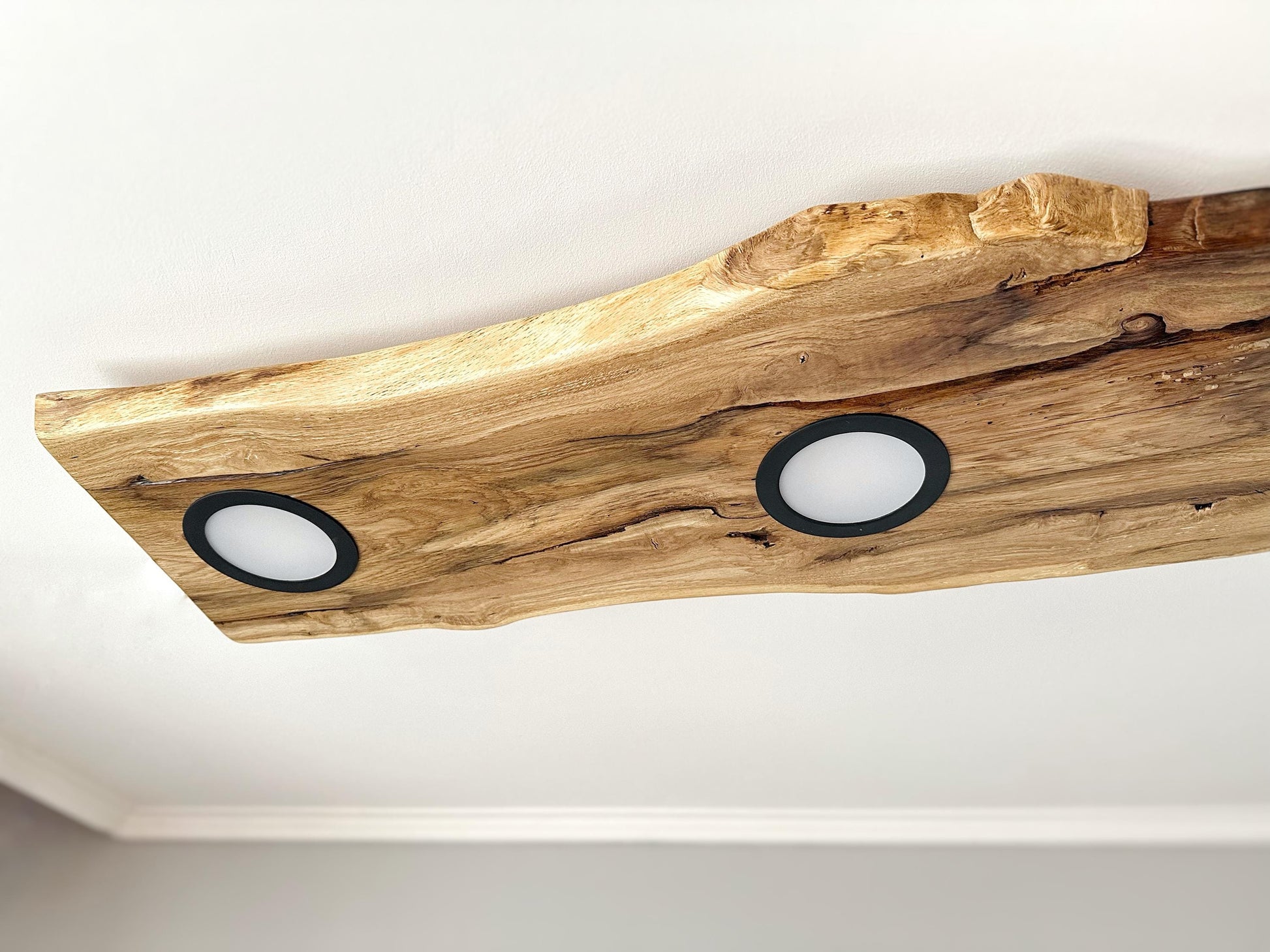 Handmade wood ceiling lamp, flushmount ceiling light fixture, wooden base midcentury pendant lighting, floating liveedge oak wood chandelier