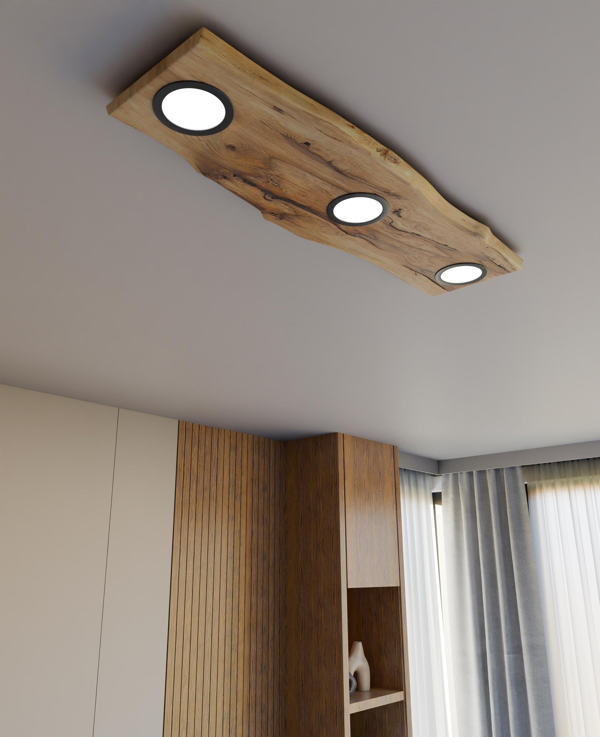Handmade wood ceiling lamp, flushmount ceiling light fixture, wooden base midcentury pendant lighting, floating liveedge oak wood chandelier