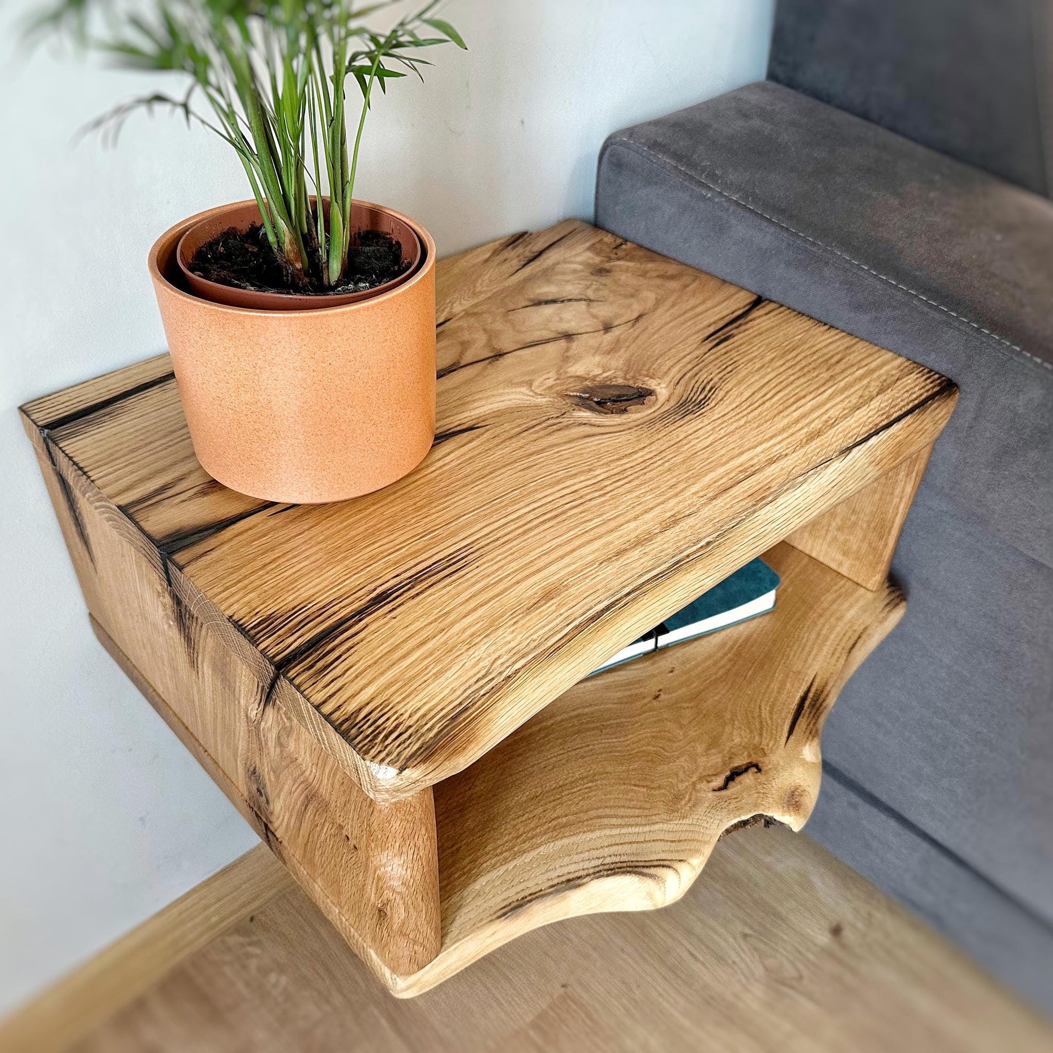 Natural oak floating nightstand, solid wood side table, handmade floating shelves, bedside table, wall nightstand, custom wooden bookcase