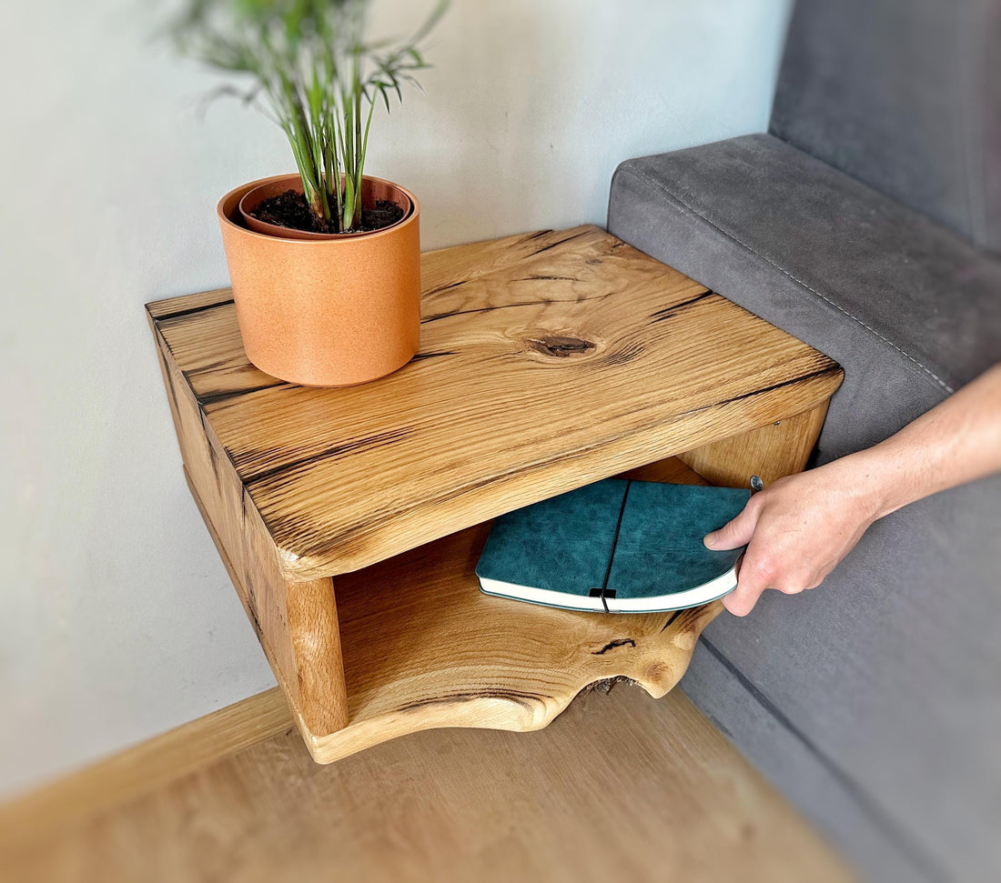 Natural oak floating nightstand, solid wood side table, handmade floating shelves, bedside table, wall nightstand, custom wooden bookcase