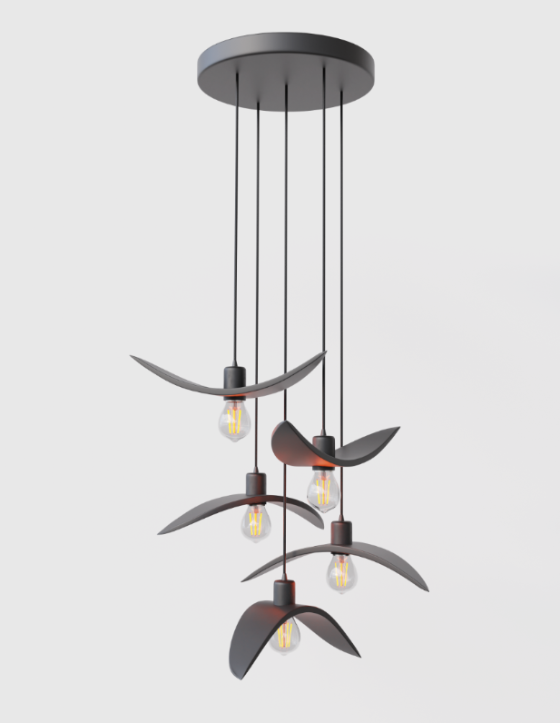 Sculptural 5-light cluster pendant light in brown resembling birds in flight