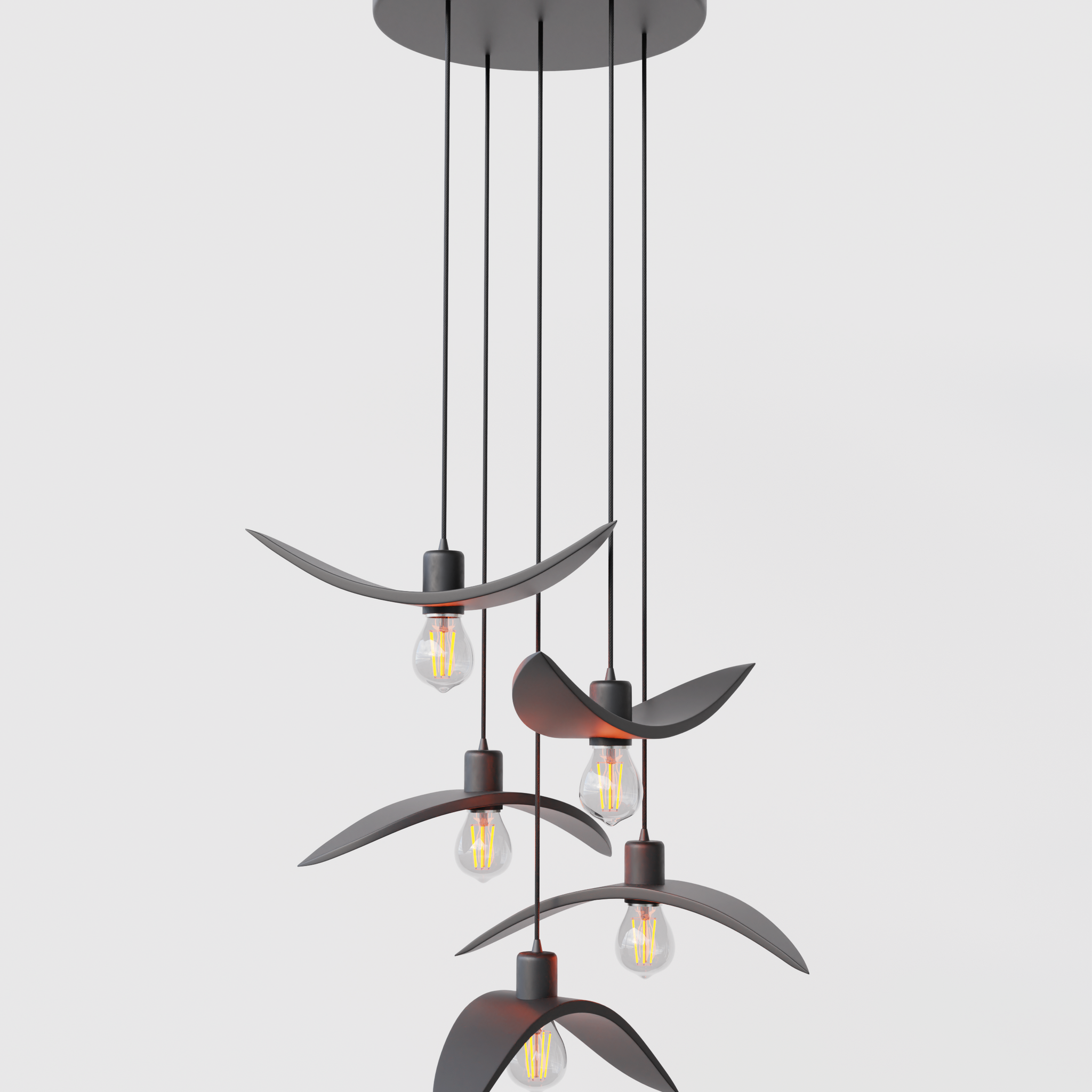 Sculptural 5-light cluster pendant light in brown resembling birds in flight