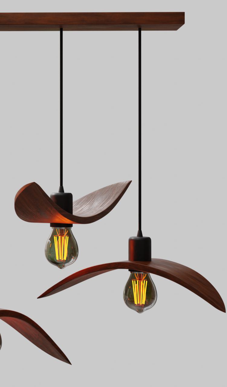 Sculptural 3-light linear wood chandelier resembling birds in flight