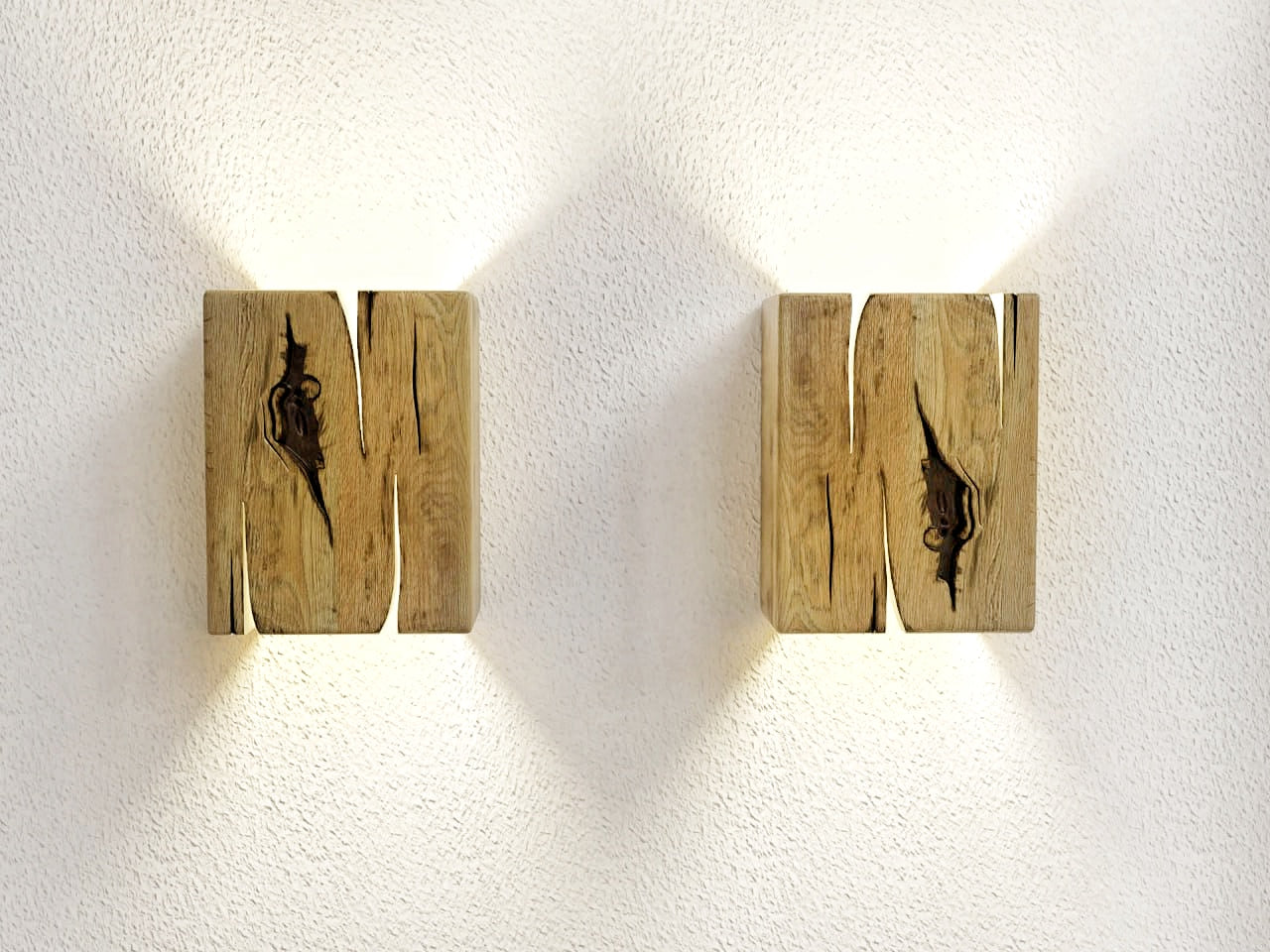 Modern rustic oak wood wall lights casting up and down light