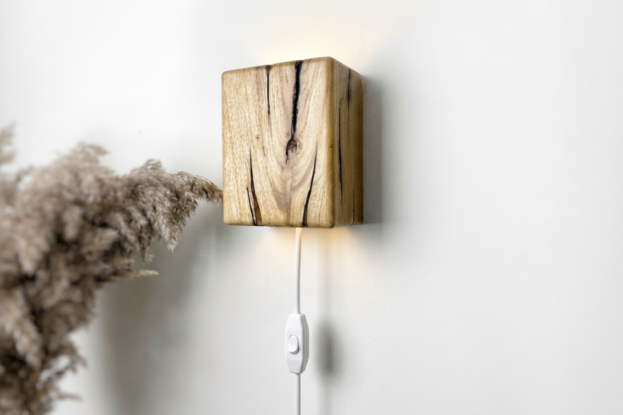 Wooden wall light fixture on a white wall with a plant to the left.