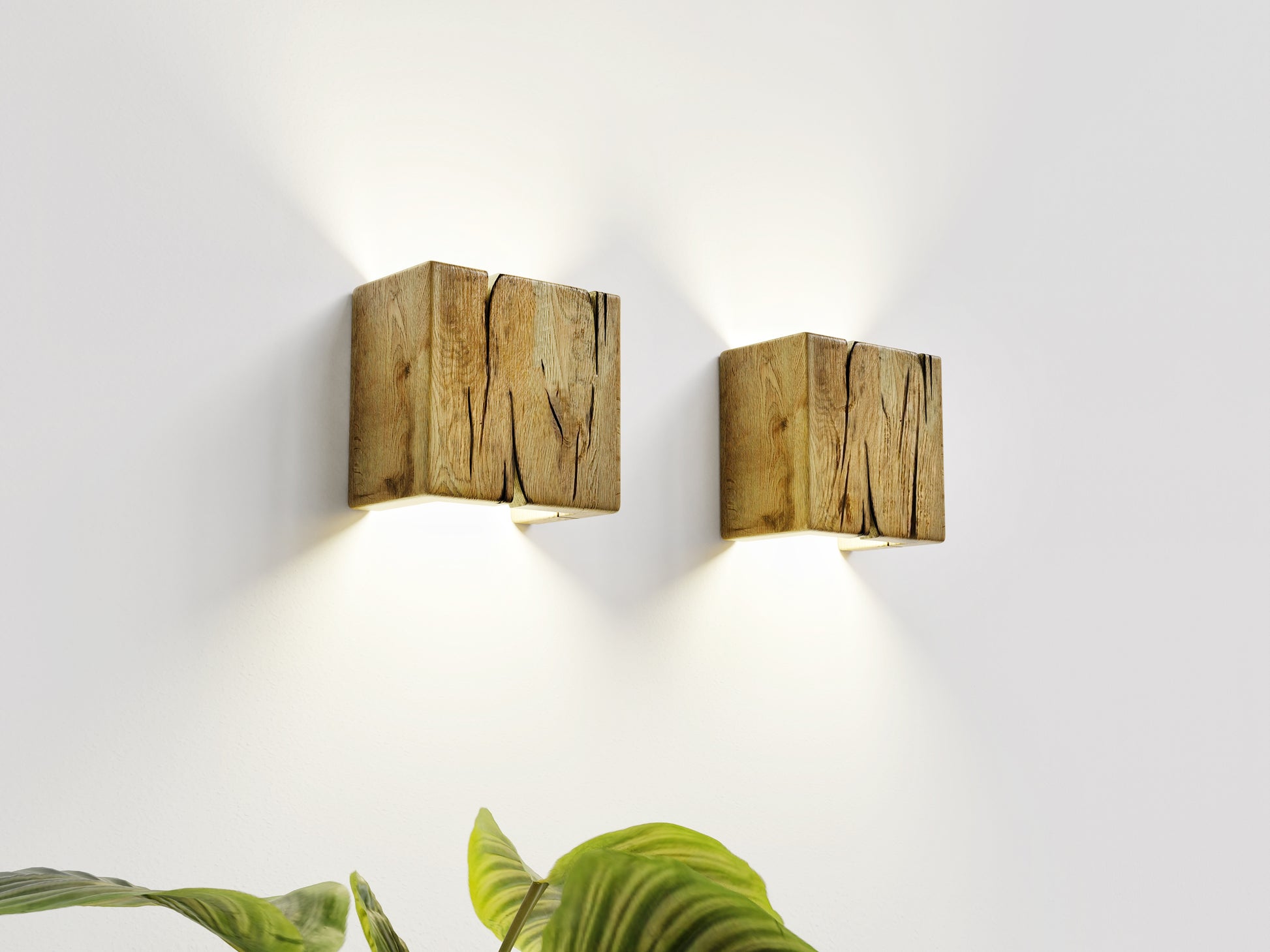 Modern rustic oak wood wall lights casting up and down light