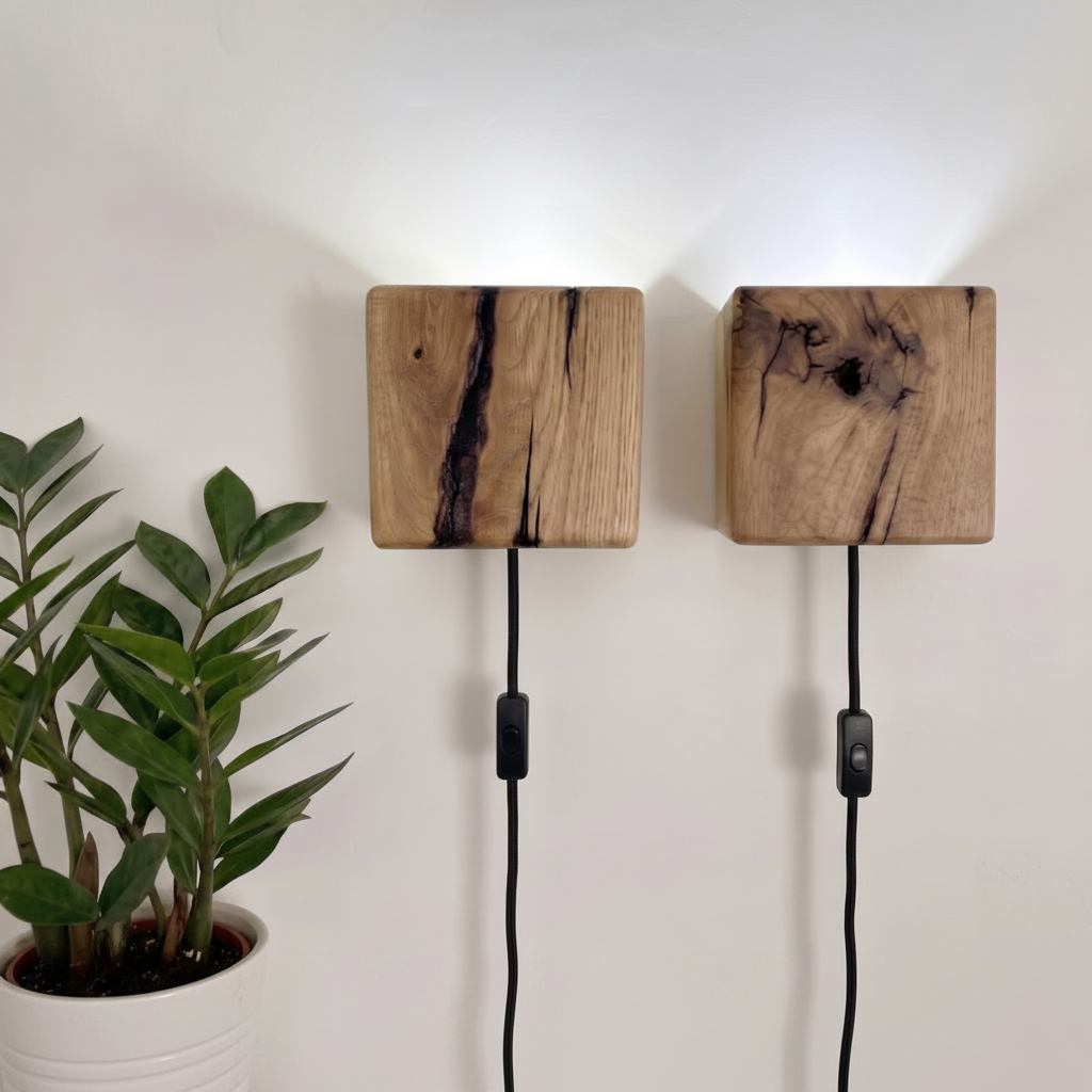 Two wooden wall sconces with black cords on a white wall, next to a plant.