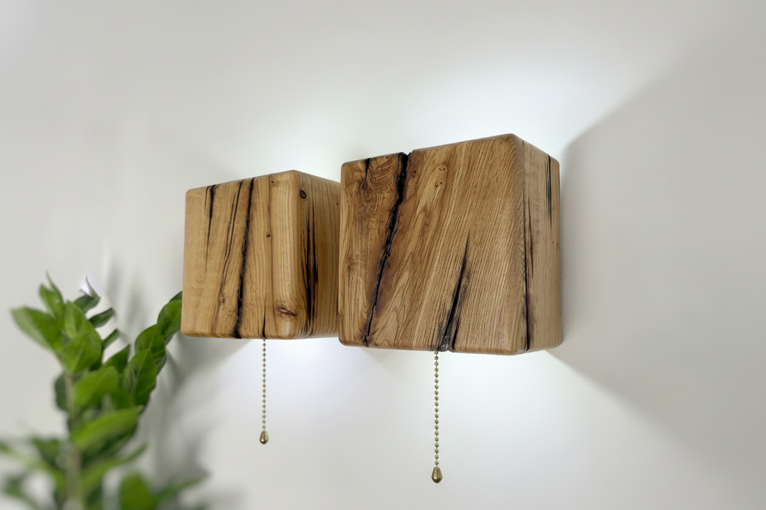 small handmade wood wallscones with pull chain
