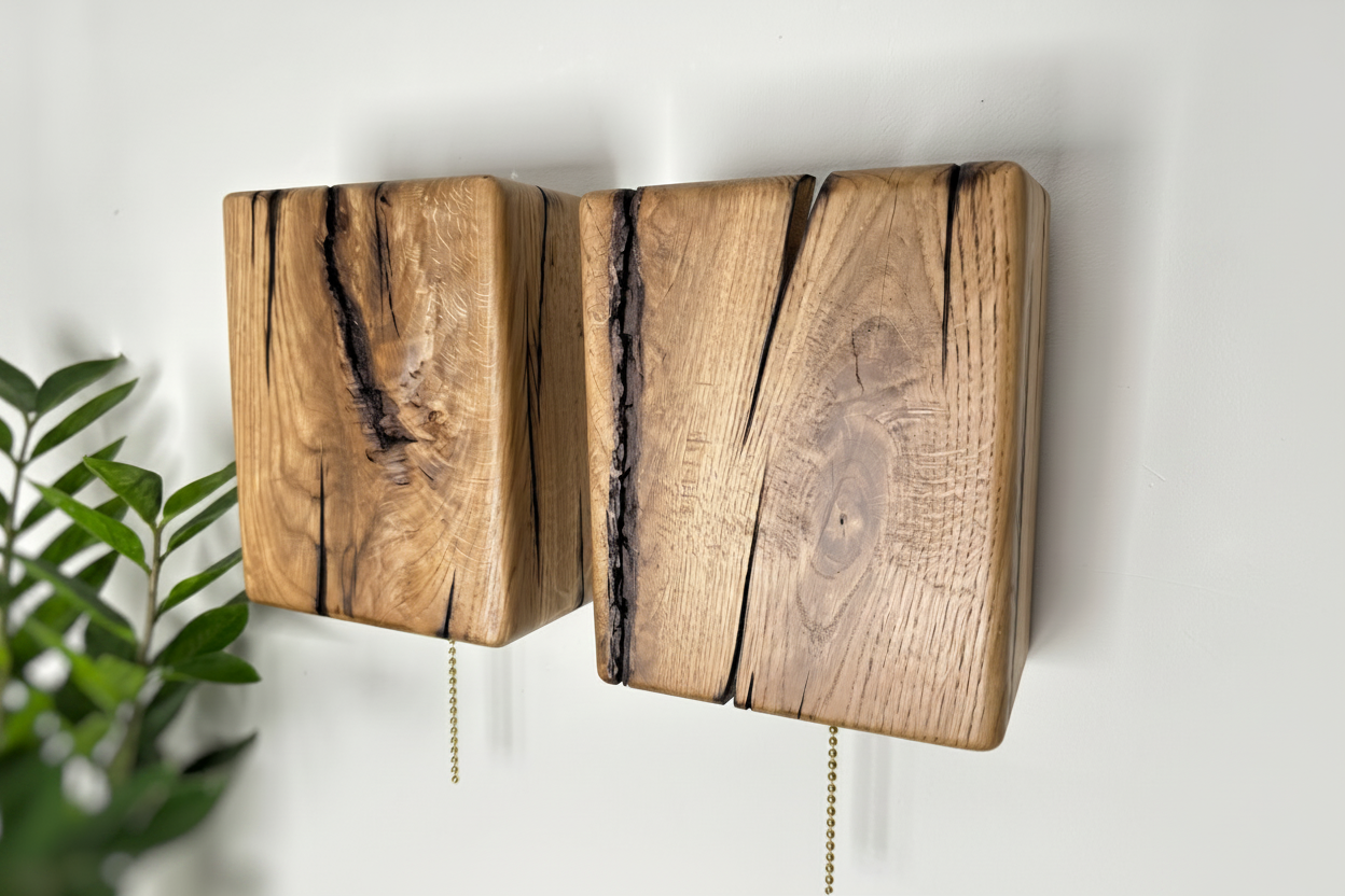 Wooden wall sconces with a natural finish on a white wall.
