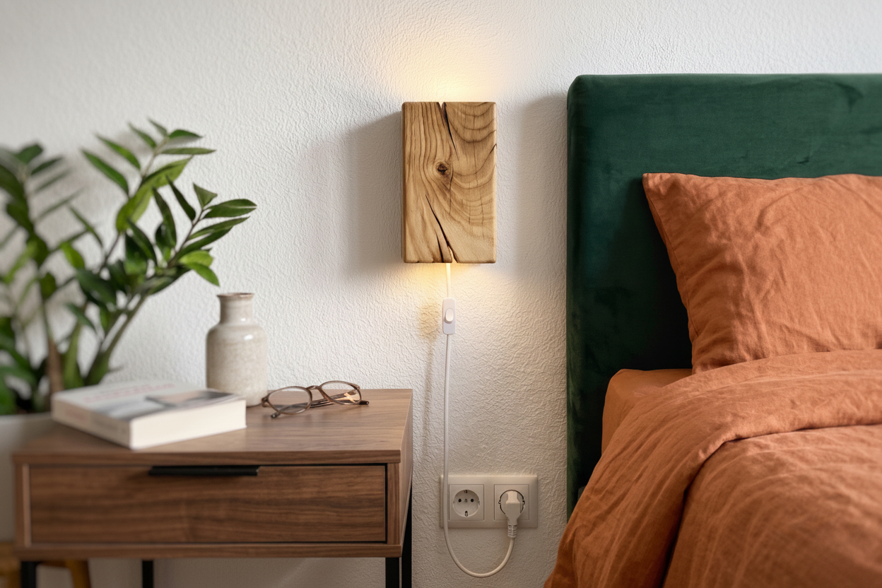 Two wooden wall sconces with electrical outlets on a white wall.